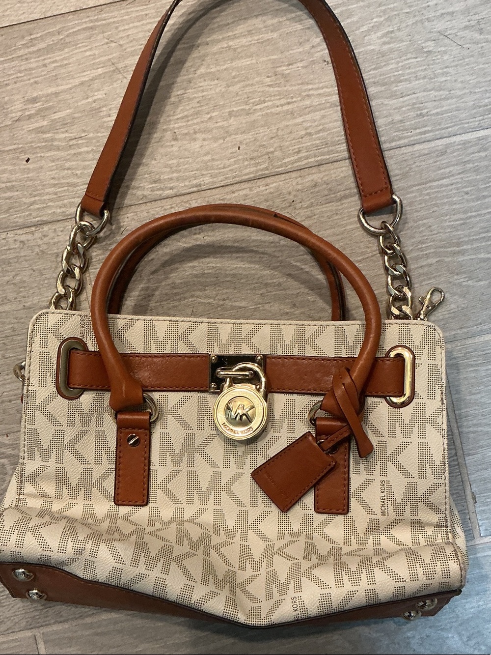 Michael Kors Hamilton Vanilla MK Logo Satchel with Brown Leather Trim